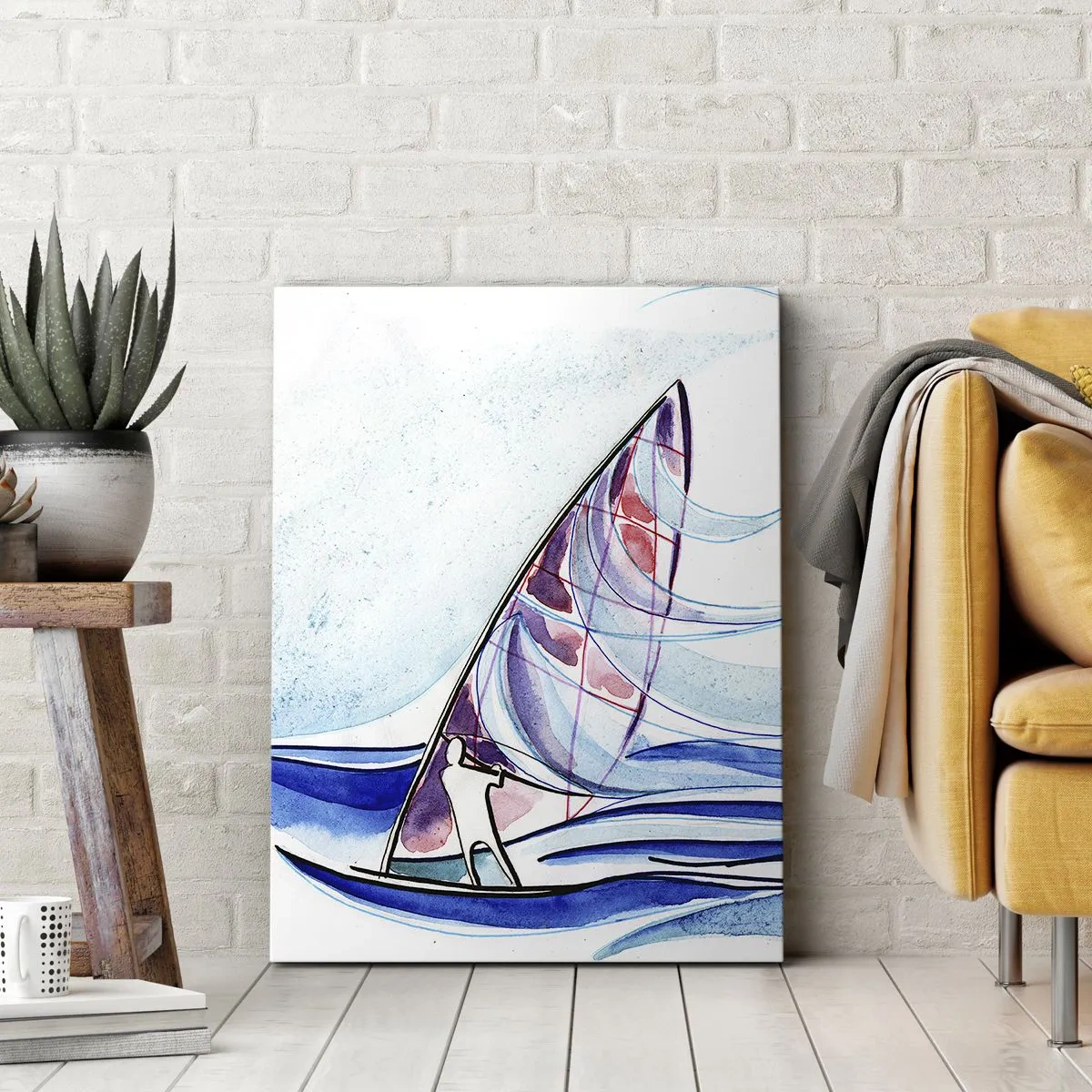 Cuadro sobre lienzo - Impresión de Imagen - Un surfista montando las olas en una composición abstracta de acuarela. - 50x70cm - Con el viento al ritmo de las olas - Decoración de pared moderna para salón y dormitorio ARTTOR
