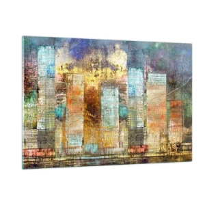 Cuadro sobre vidrio - Impresiones sobre Vidrio - Panorama abstracto colorido de los rascacielos de la ciudad en un estilo artístico - 120x80cm - Metrópolis soleada - Decoración de pared moderna para salón y dormitorio ARTTOR