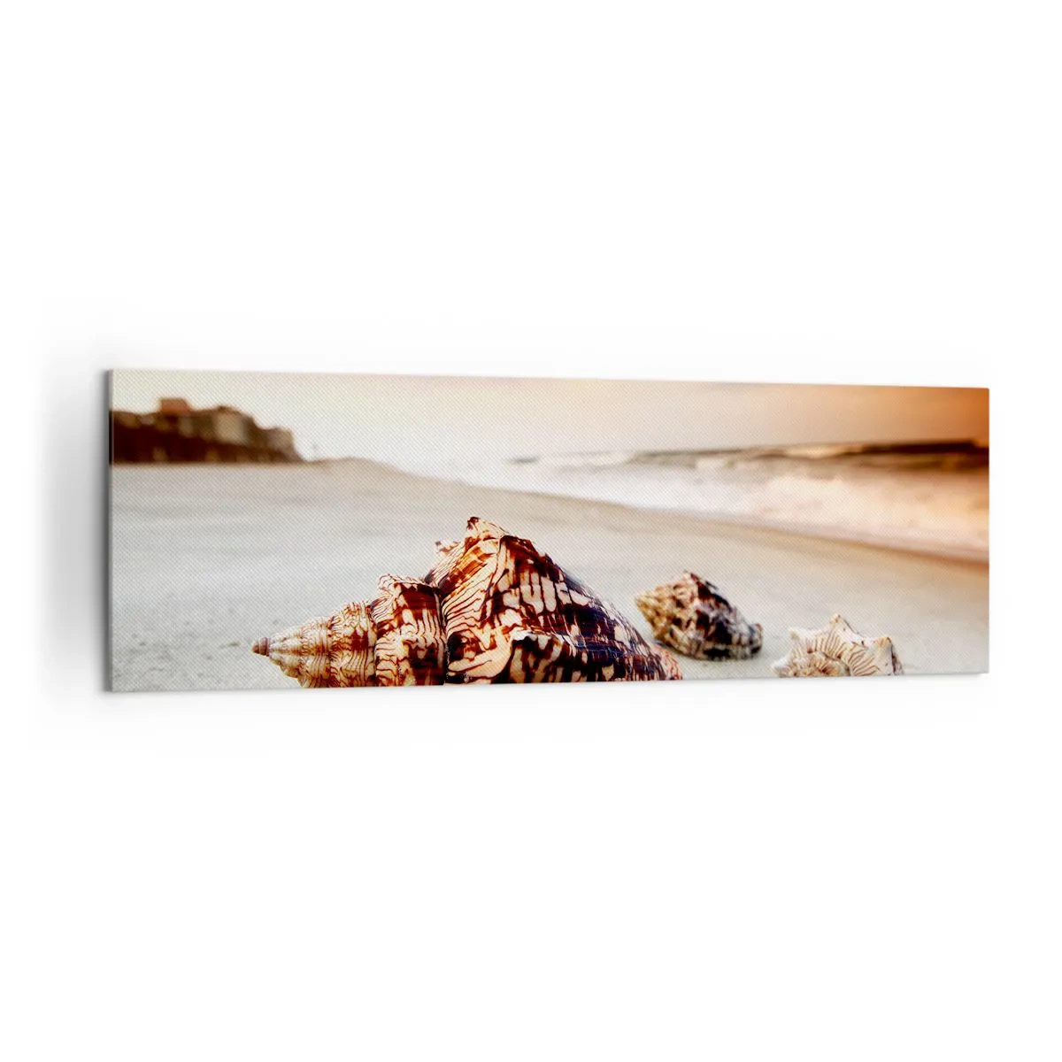 Cuadro sobre lienzo - Impresión de Imagen - Conchas en la playa al atardecer - 160x50cm - Los exiliados de las olas - Decoración de pared moderna para salón y dormitorio ARTTOR