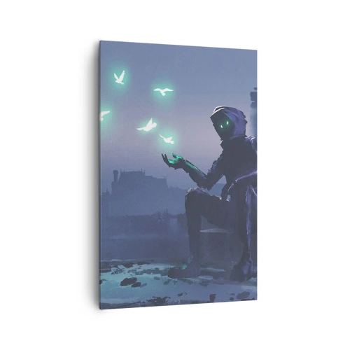 Cuadro sobre lienzo - Impresión de Imagen - Una figura encapuchada con pájaros mágicos en el fondo de una ciudad. - 80x120cm - La vida volverá - Decoración de pared moderna para salón y dormitorio ARTTOR