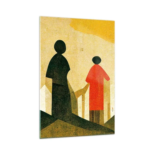 Cuadro sobre vidrio - Impresiones sobre Vidrio - Siluetas geométricas en rojo y verde sobre un fondo amarillo. - 70x100cm - Todavía lejos del destino - Decoración de pared moderna para salón y dormitorio ARTTOR