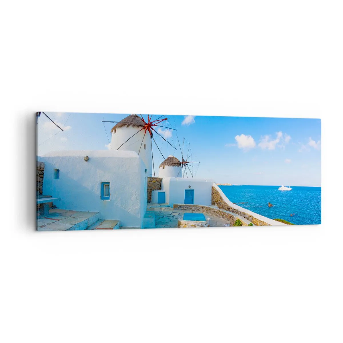 Cuadro sobre lienzo - Impresión de Imagen - Molinos de viento blancos en las orillas del mar azul - 140x50cm - Viento azul marino - Decoración de pared moderna para salón y dormitorio ARTTOR
