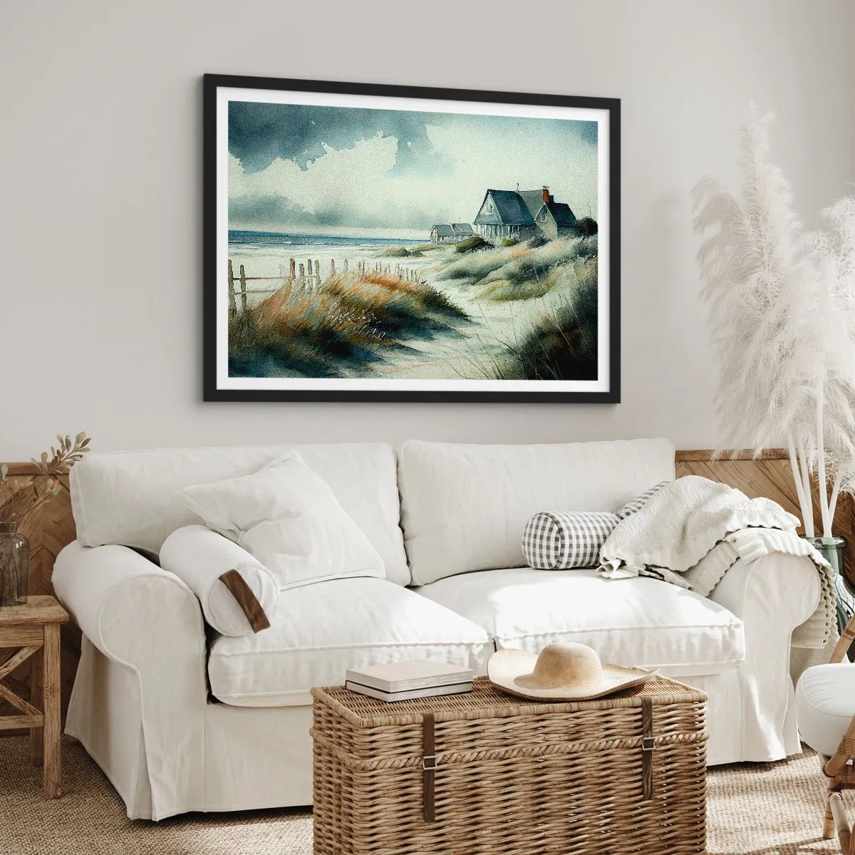 Póster en marco negro - Una casa junto al mar rodeada de césped y con vistas al mar. - 70x50cm - Lejos del bullicio - Decoración de pared moderna para salón y dormitorio ARTTOR