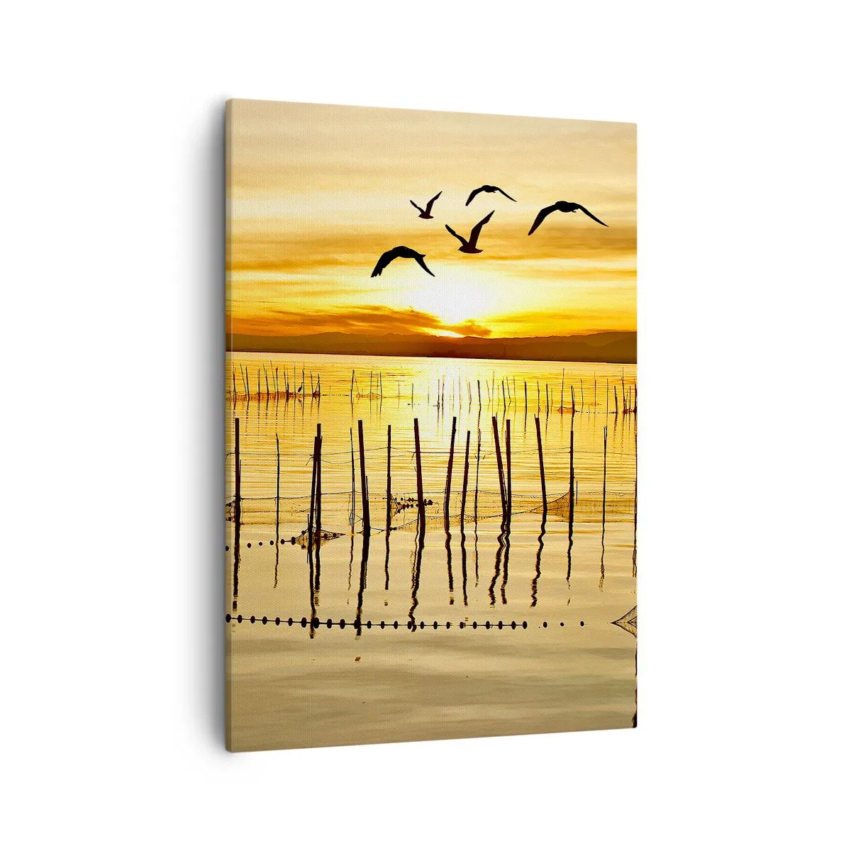 Cuadro sobre lienzo - Impresión de Imagen - Puesta de sol sobre el agua con pájaros en vuelo - 50x70cm - Horizonte naranja - Decoración de pared moderna para salón y dormitorio ARTTOR