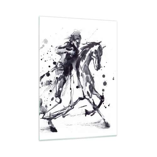 Cuadro sobre vidrio - Impresiones sobre Vidrio - Pintura en blanco y negro de un jinete a caballo en estilo abstracto. - 50x70cm - Caballero negro - Decoración de pared moderna para salón y dormitorio ARTTOR