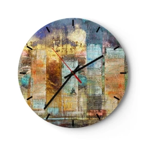 Reloj de pared - Reloj de vidrio - Abstracción colorida inspirada en el horizonte de la ciudad. - 30x30cm - Metrópolis soleada - Decoración de pared moderna para salón, cocina y dormitorio ARTTOR