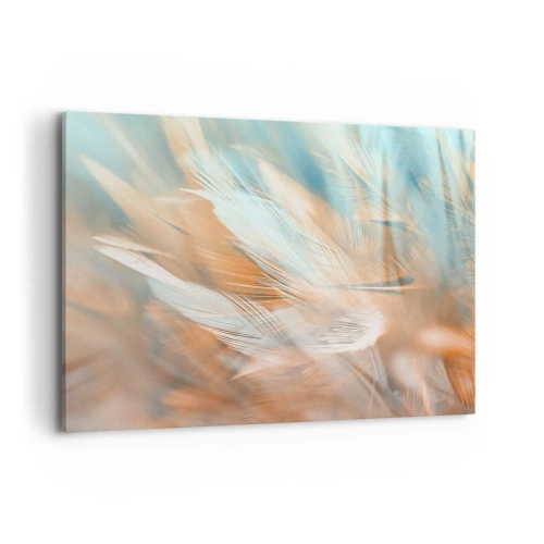 Cuadro sobre lienzo - Impresión de Imagen - Delicadas plumas en tonos pastel de azul y naranja. - 120x80cm - En la tierra de la suavidad - Decoración de pared moderna para salón y dormitorio ARTTOR