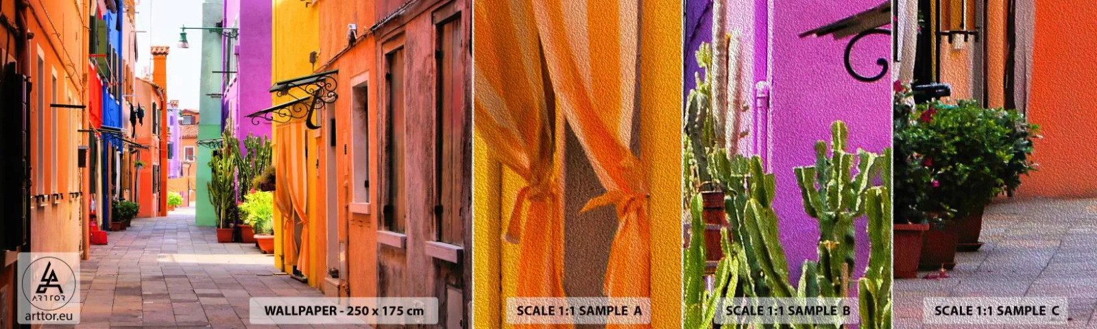 Muestra de fotomural Premium Sand - El callejón arco iris - Ciudad, Venecia, Arquitectura - 100x30 cm