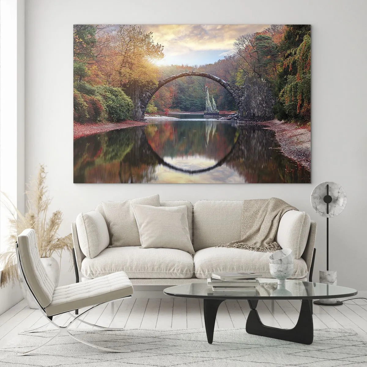 Cuadro sobre vidrio - Impresiones sobre Vidrio - Un puente de piedra reflejado en un lago en medio de un bosque otoñal. - 100x70cm - Al otro lado del espejo - Decoración de pared moderna para salón y dormitorio ARTTOR