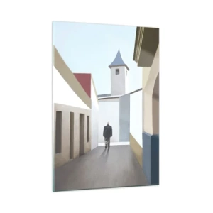 Cuadro sobre vidrio - Impresiones sobre Vidrio - Una calle al sol con una figura caminando en la distancia. - 50x70cm - Paseo soleado - Decoración de pared moderna para salón y dormitorio ARTTOR