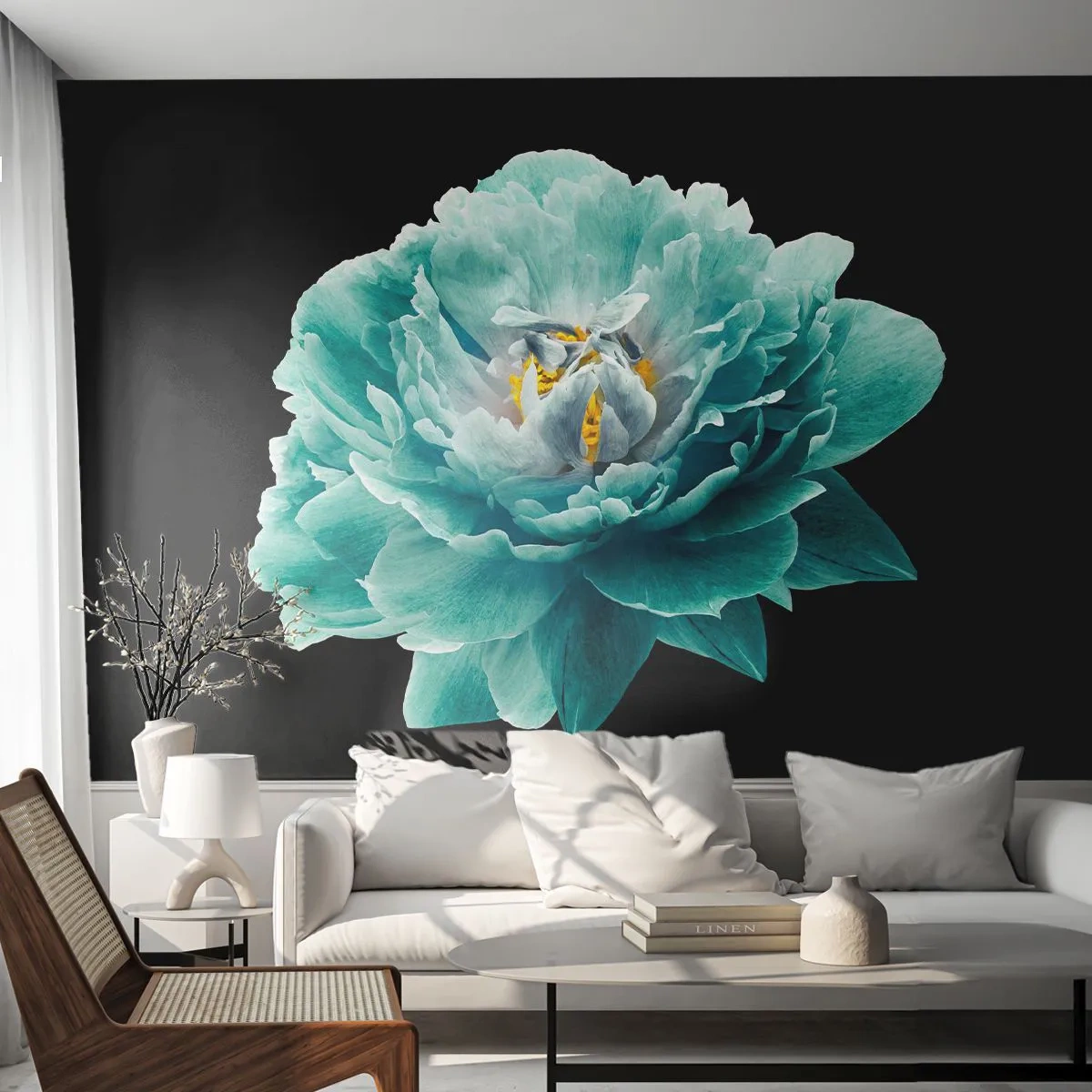 Fotomural Premium Canvas - Flor de peonía turquesa sobre fondo negro - 100x70cm - Pétalos azules y dorados - Decoración de pared moderna para salón y dormitorio ARTTOR