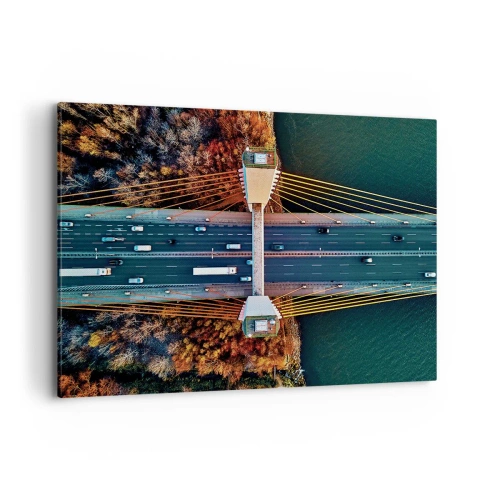 Cuadro sobre lienzo - Impresión de Imagen - Vista aérea del puente sobre el río y el paisaje otoñal. - 120x80cm - Más allá de las aguas, más allá de los bosques - Decoración de pared moderna para salón y dormitorio ARTTOR