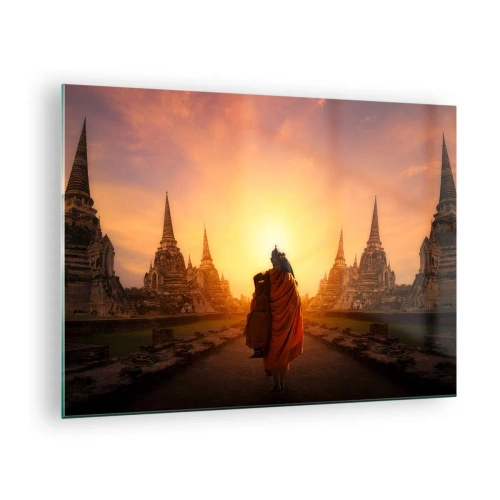 Cuadro sobre vidrio - Impresiones sobre Vidrio - Un monje con el sol poniente como telón de fondo y templos en Asia. - 70x50cm - En paz por la eternidad - Decoración de pared moderna para salón y dormitorio ARTTOR