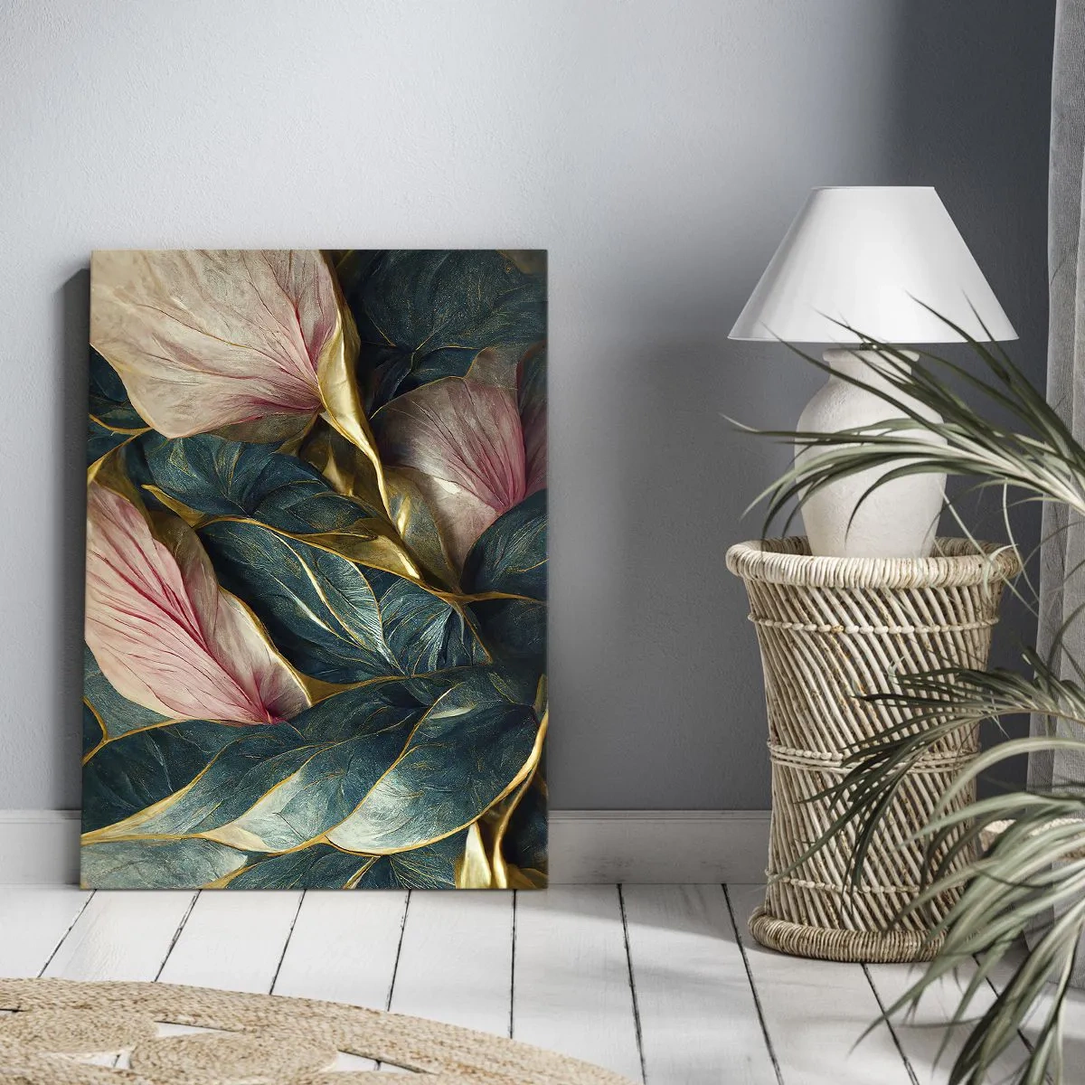 Cuadro sobre lienzo - Impresión de Imagen - Hojas elegantes en verde, dorado y rosa. - 50x70cm - Elegancia y estilo naturales - Decoración de pared moderna para salón y dormitorio ARTTOR