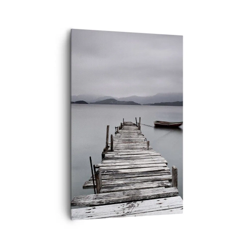 Cuadro sobre lienzo - Impresión de Imagen - Un puente de madera que conduce a la tranquila superficie del lago. - 80x120cm - Mañana partimos - Decoración de pared moderna para salón y dormitorio ARTTOR