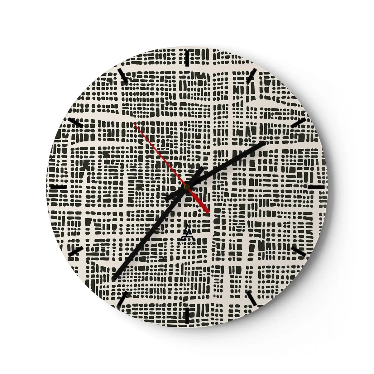 Reloj de pared - Reloj de vidrio - Patrón geométrico negro y crema con puntos irregulares. - 30x30cm - Composición del tejido - Decoración de pared moderna para salón, cocina y dormitorio ARTTOR