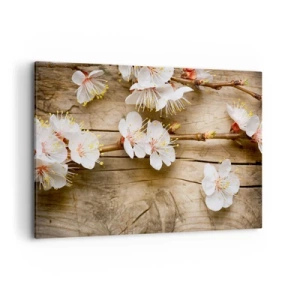 Cuadro sobre lienzo - Impresión de Imagen - Ramas de cerezos en flor sobre un fondo de tabla de madera - 120x80cm - Se acerca la primavera - Decoración de pared moderna para salón y dormitorio ARTTOR