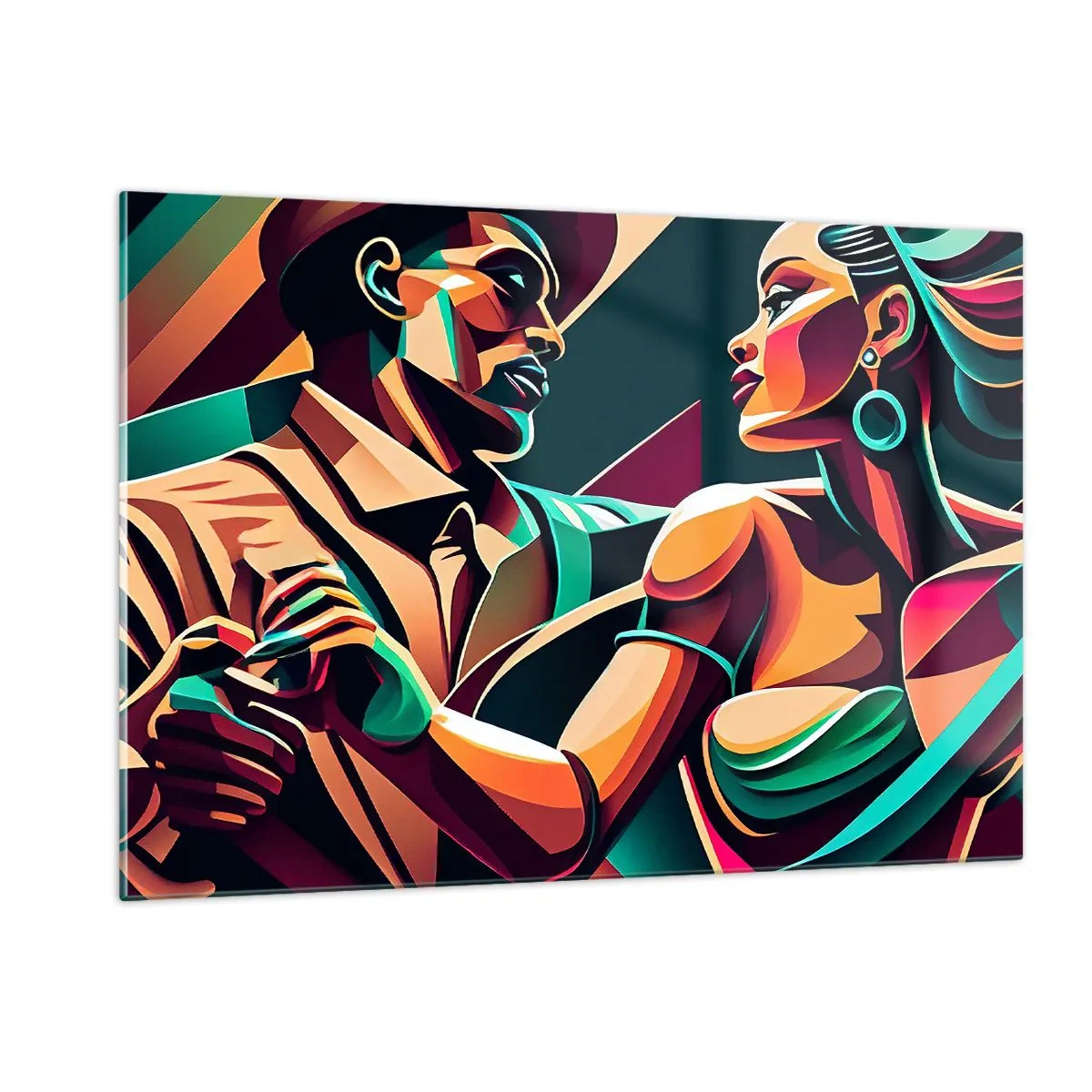 Cuadro sobre vidrio - Impresiones sobre Vidrio - Una pareja colorida bailando en estilo art decó con expresión dinámica. - 120x80cm - Al ritmo del corazón - Decoración de pared moderna para salón y dormitorio ARTTOR