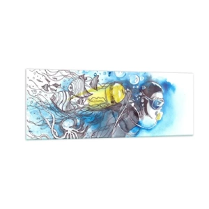Cuadro sobre vidrio - Impresiones sobre Vidrio - Escena submarina con un buceador y peces exóticos. - 140x50cm - Sumergirse en lo desconocido - Decoración de pared moderna para salón y dormitorio ARTTOR