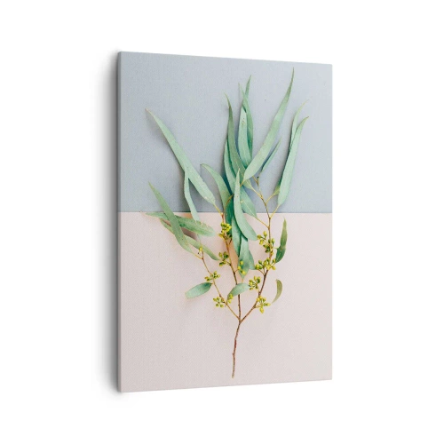 Cuadro sobre lienzo - Impresión de Imagen - Una rama con hojas sobre un fondo de tonos pastel. - 50x70cm - La sutileza del pastel - Decoración de pared moderna para salón y dormitorio ARTTOR