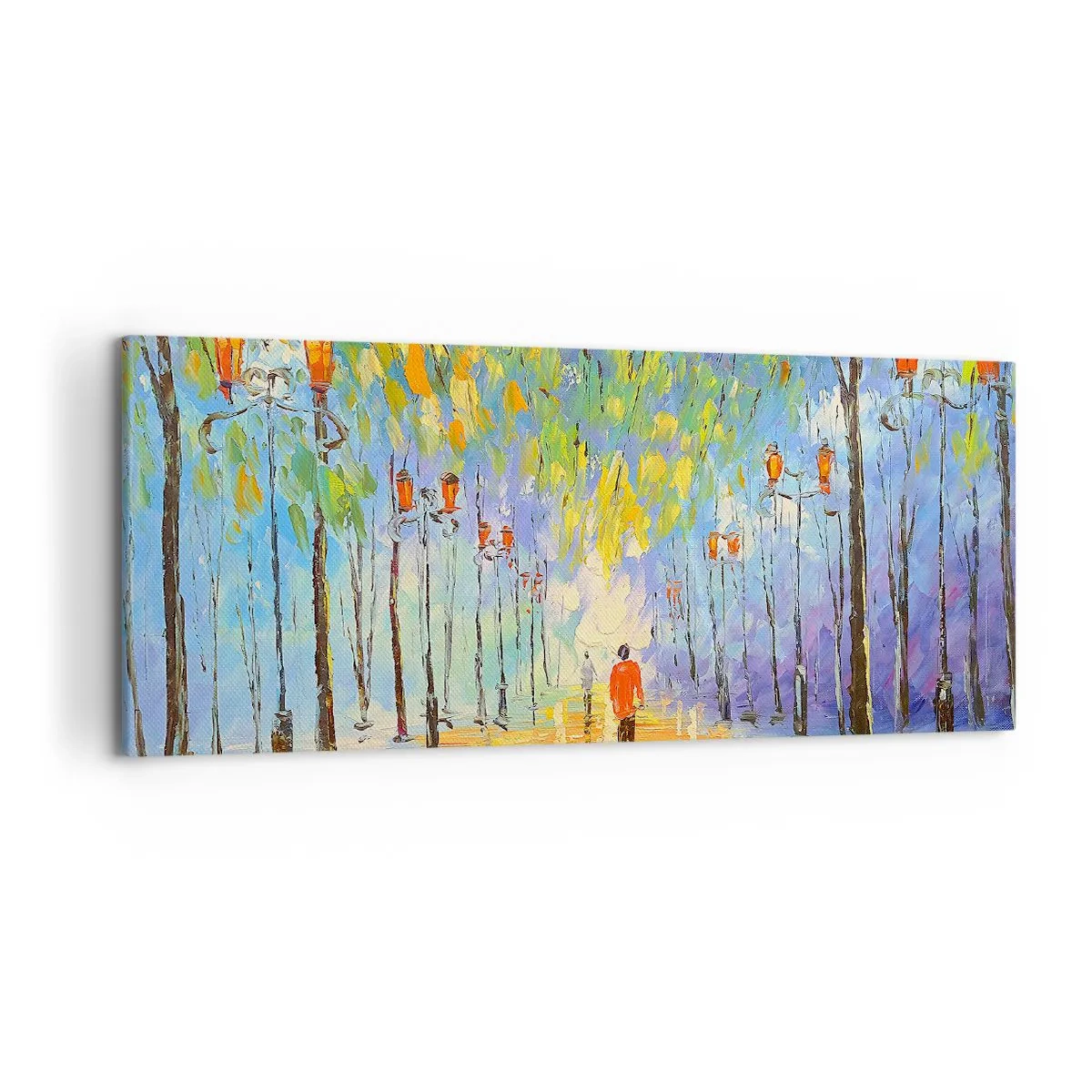 Cuadro sobre lienzo - Impresión de Imagen - Un pintoresco paseo entre los faroles en una noche lluviosa. - 120x50cm - La canción nocturna de la lluvia - Decoración de pared moderna para salón y dormitorio ARTTOR