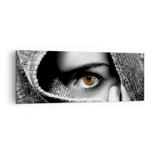 Cuadro sobre lienzo - Impresión de Imagen - Retrato de una mujer con un ojo color ámbar cubierto con una tela en tonos grises. - 140x50cm - Conoce el misterio - Decoración de pared moderna para salón y dormitorio ARTTOR