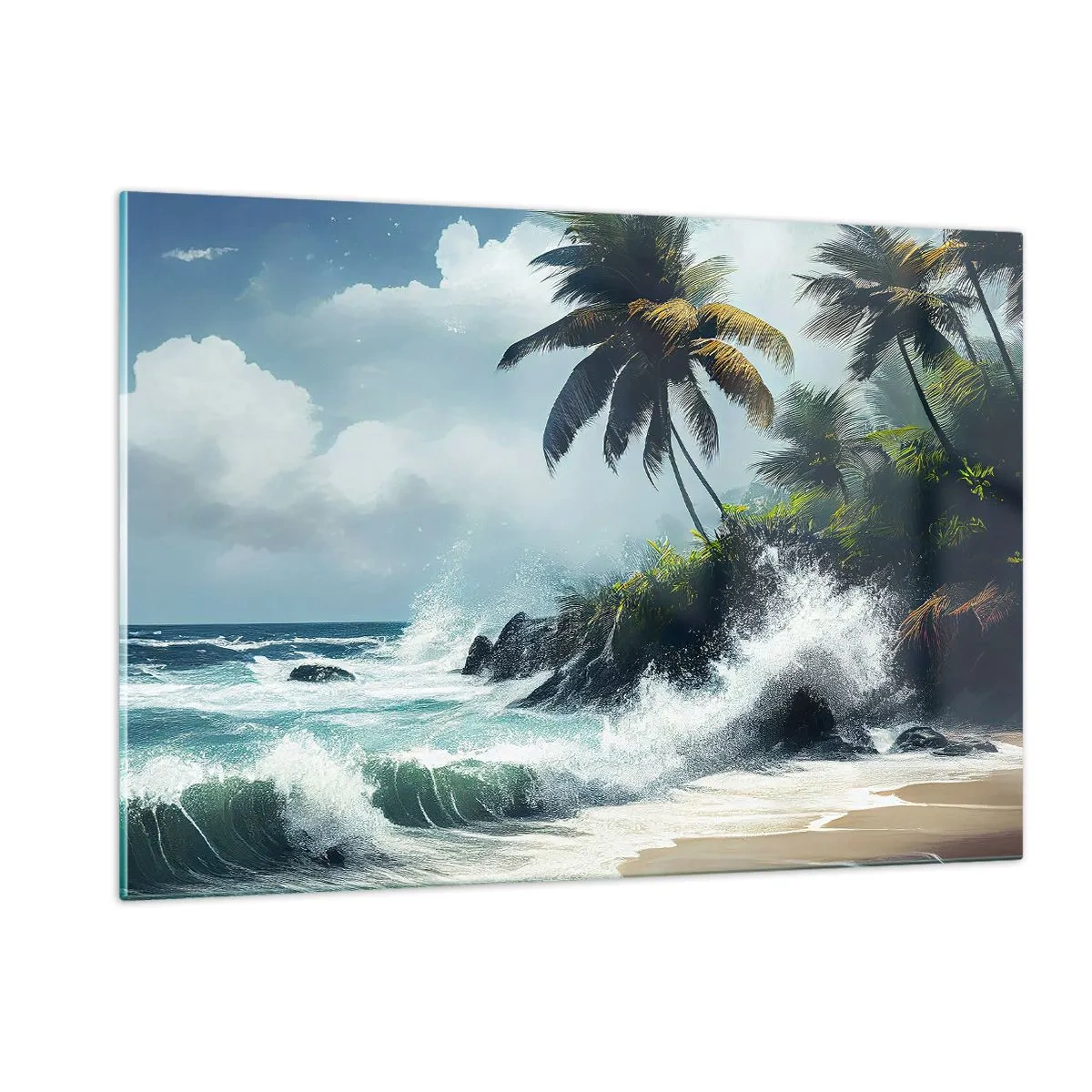 Cuadro sobre vidrio - Impresiones sobre Vidrio - Olas rompiendo contra las rocas junto a las palmeras en una playa tropical - 120x80cm - En una costa tropical - Decoración de pared moderna para salón y dormitorio ARTTOR