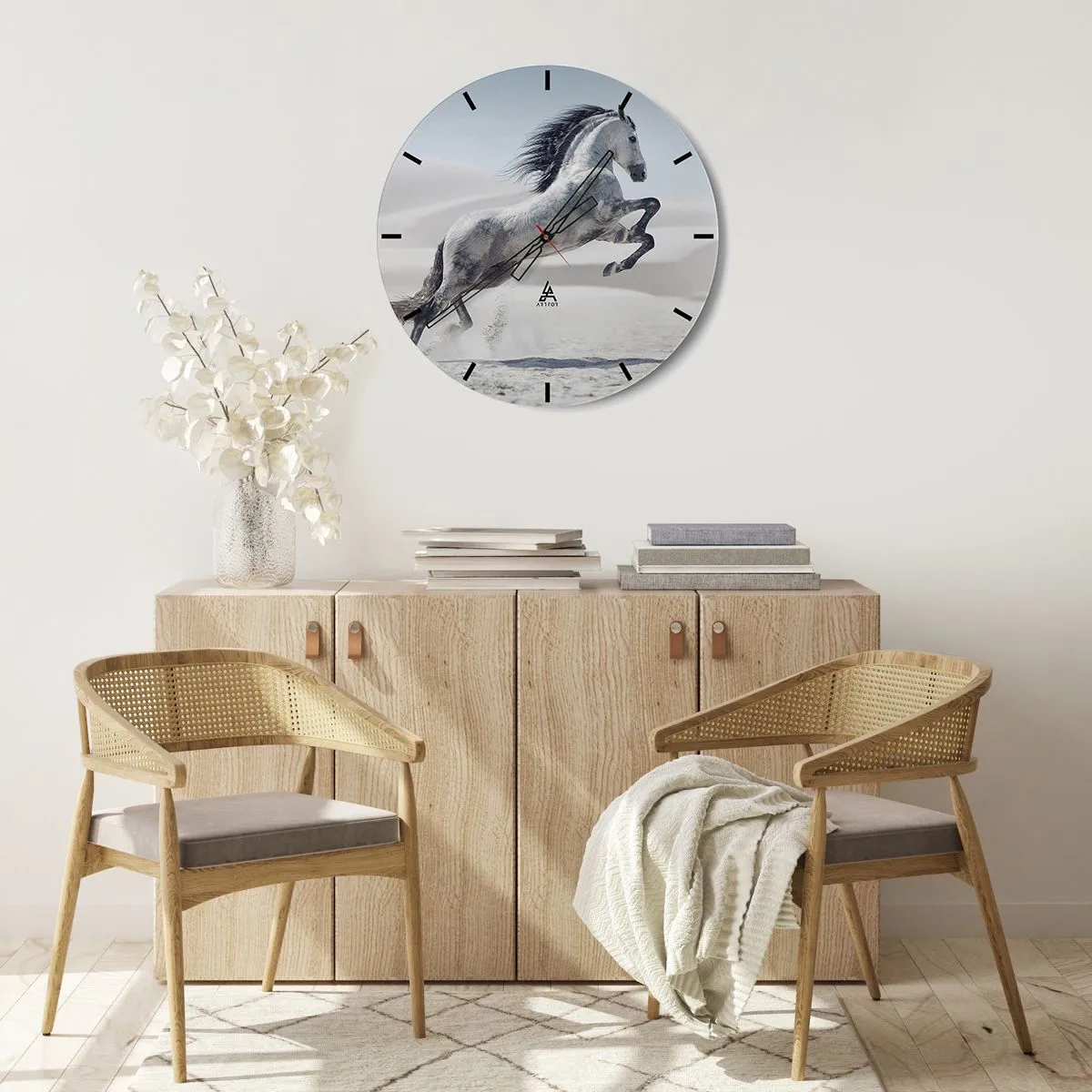 Reloj de pared - Reloj de vidrio - Un caballo árabe saltando contra un fondo desértico. - 30x30cm - Un príncipe árabe - Decoración de pared moderna para salón, cocina y dormitorio ARTTOR