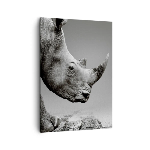 Cuadro sobre lienzo - Impresión de Imagen - Retrato de un rinoceronte con el telón de fondo de un desierto gris. - 50x70cm - Fuerza imparable - Decoración de pared moderna para salón y dormitorio ARTTOR