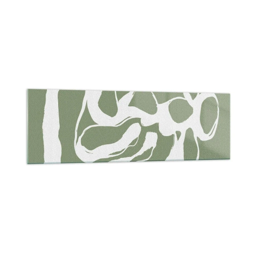 Cuadro sobre vidrio - Impresiones sobre Vidrio - Formas orgánicas en blanco sobre fondo verde. - 160x50cm - La llamada del espacio - Decoración de pared moderna para salón y dormitorio ARTTOR