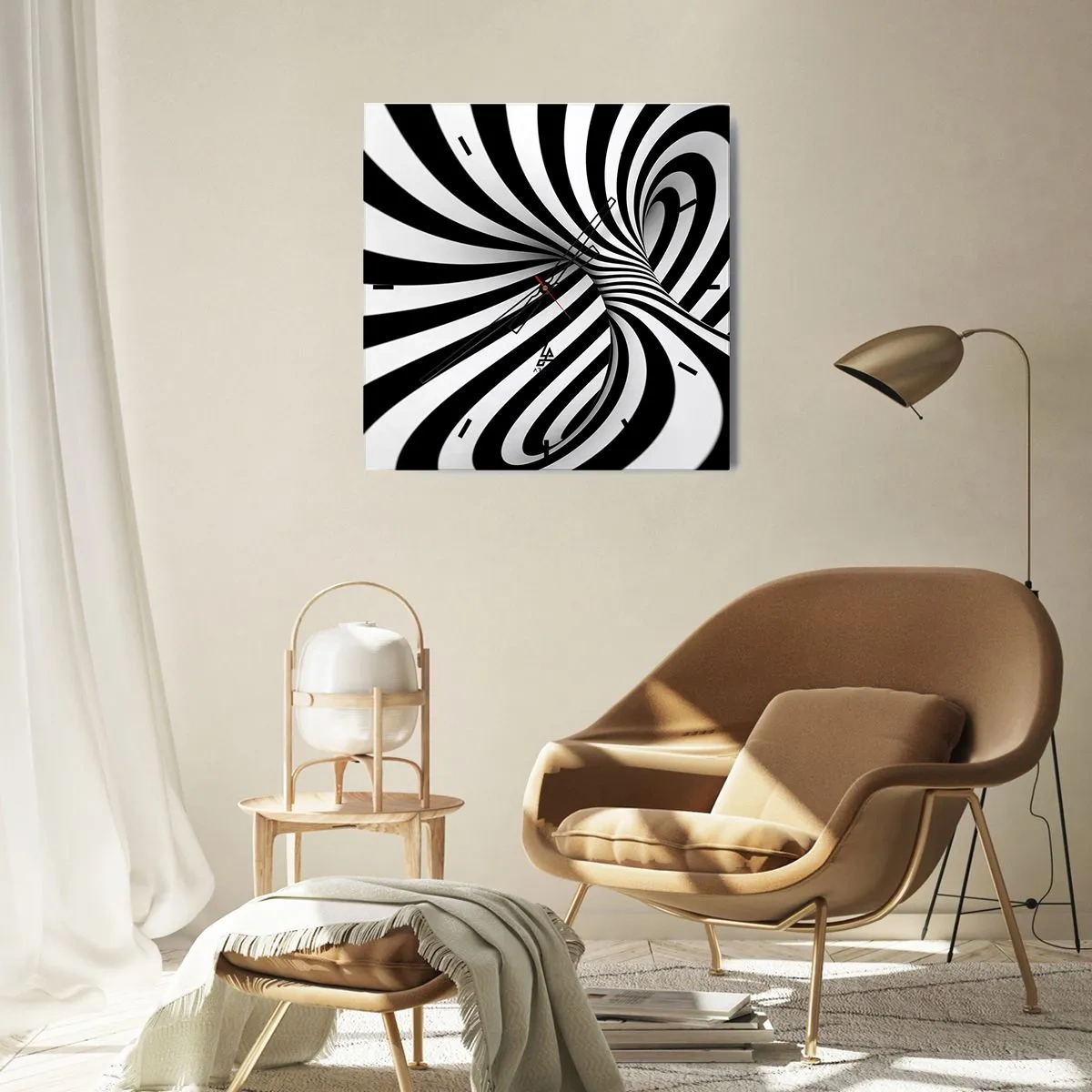 Reloj de pared - Reloj de vidrio - Túnel abstracto con rayas espirales blancas y negras - 30x30cm - Composición: espacio de baile - Decoración de pared moderna para salón y dormitorio ARTTOR