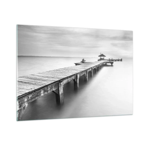 Cuadro sobre vidrio - Impresiones sobre Vidrio - Muelle de madera en blanco y negro con vistas al lago. - 100x70cm - Lejos - Decoración de pared moderna para salón y dormitorio ARTTOR