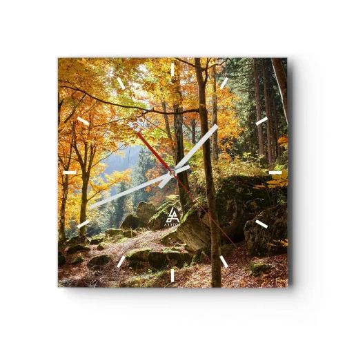 Reloj de pared - Reloj de vidrio - Un bosque otoñal lleno de hojas doradas y luz solar. - 30x30cm - Tiempo de descanso - Decoración de pared moderna para salón y dormitorio ARTTOR