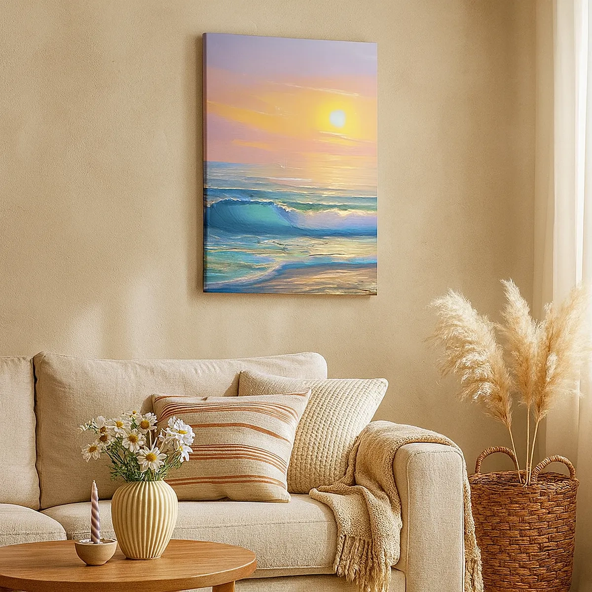 Cuadro sobre lienzo - Impresión de Imagen - Paisaje marino con puesta de sol - 50x70cm - El canto turquesa de las olas - Decoración de pared moderna para salón y dormitorio ARTTOR