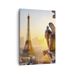 Cuadro sobre lienzo - Impresión de Imagen - Vista de la Torre Eiffel con gárgolas al fondo - 50x70cm - Ha cambiado tanto la ciudad... - Decoración de pared moderna para salón y dormitorio ARTTOR