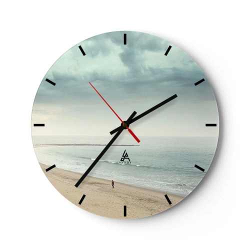 Reloj de pared - Reloj de vidrio - Una figura solitaria camina por la orilla del mar bajo un cielo nublado. - 30x30cm - En busca de la paz - Decoración de pared moderna para salón, cocina y dormitorio ARTTOR
