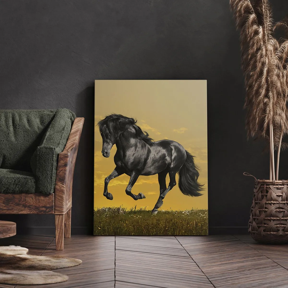 Cuadro sobre lienzo - Impresión de Imagen - Un caballo negro galopa contra el fondo de una puesta de sol dorada. - 70x100cm - Hermoso, libre y salvaje - Decoración de pared moderna para salón y dormitorio ARTTOR