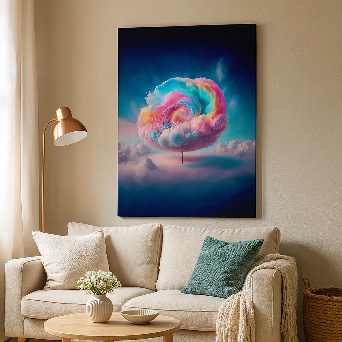 Cuadro sobre lienzo - Impresión de Imagen - Una nube en forma de espiral con colores pastel en el cielo. - 50x70cm - El sueño de un parque de atracciones - Decoración de pared moderna para salón y dormitorio ARTTOR