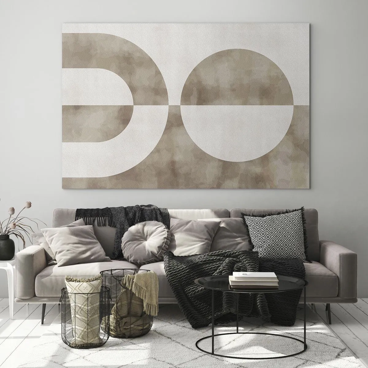 Cuadro sobre vidrio - Impresiones sobre Vidrio - Geometría beige con un semicírculo y un círculo sobre un fondo horizontal. - 70x50cm - Similitudes y diferencias - Decoración de pared moderna para salón y dormitorio ARTTOR