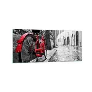 Cuadro sobre vidrio - Impresiones sobre Vidrio - Bicicleta roja en una calle en blanco y negro - 120x50cm - La verdadera belleza no envejece - Decoración de pared moderna para salón y dormitorio ARTTOR