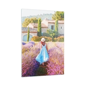 Cuadro sobre vidrio - Impresiones sobre Vidrio - Una mujer con un vestido caminando por un campo de lavanda. - 50x70cm - La chica de la lavanda - Decoración de pared moderna para salón y dormitorio ARTTOR