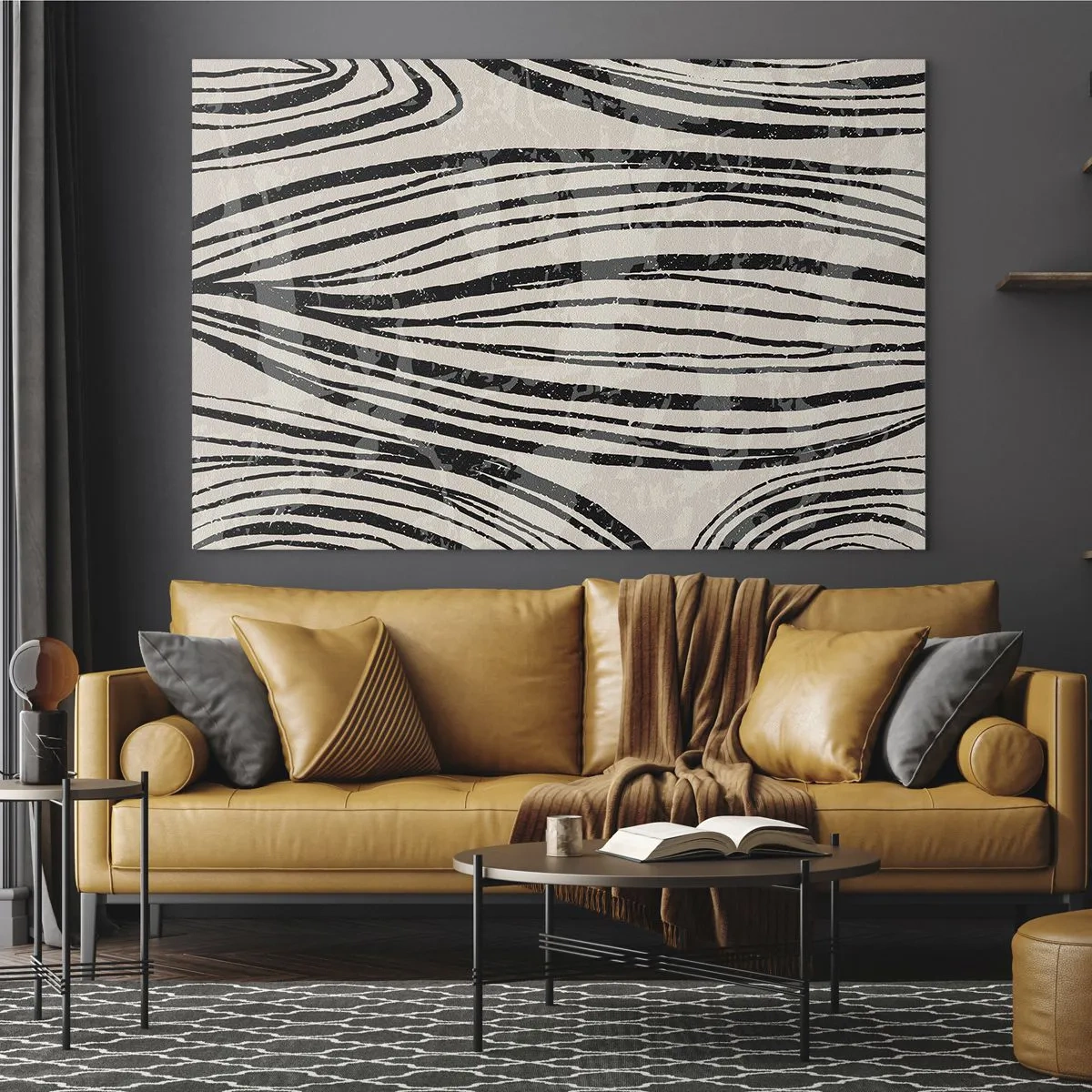 Cuadro sobre vidrio - Impresiones sobre Vidrio - Ondas de líneas negras sobre un fondo claro - 100x70cm - Salpicadura de líneas - Decoración de pared moderna para salón y dormitorio ARTTOR