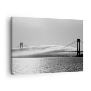 Cuadro sobre lienzo - Impresión de Imagen - Un puente sobre el agua envuelto en niebla en una toma en blanco y negro. - 70x50cm - Navegue por el Golden Gate - Decoración de pared moderna para salón y dormitorio ARTTOR