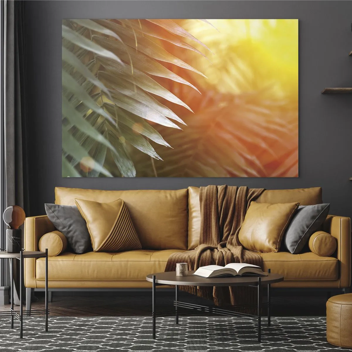 Cuadro sobre vidrio - Impresiones sobre Vidrio - Hojas de palmera bajo el resplandor del sol de la mañana en un entorno tropical. - 100x70cm - Mañana en la selva - Decoración de pared moderna para salón y dormitorio ARTTOR