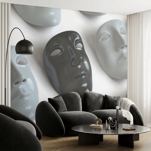 Fotomural Premium Sand - Máscaras de teatro en blanco y negro sobre un fondo claro. - 100x70cm - ¿Cómo destacar? - Decoración de pared moderna para salón y dormitorio ARTTOR