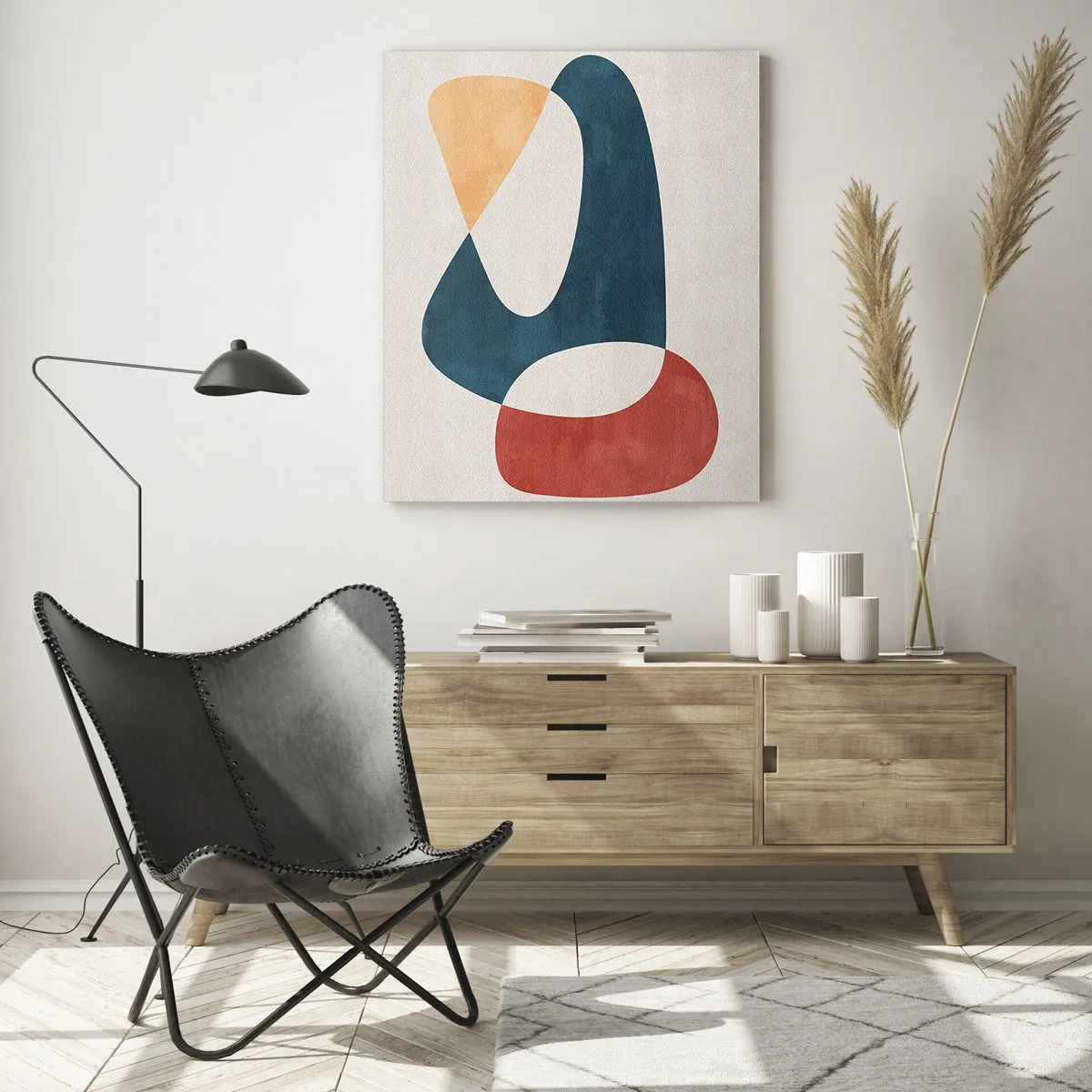 Cuadro sobre vidrio - Impresiones sobre Vidrio - Abstracción minimalista en tonos rojo y azul marino. - 50x70cm - Influencias y metamorfosis - Decoración de pared moderna para salón y dormitorio ARTTOR