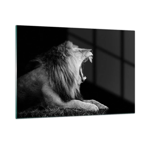 Cuadro sobre vidrio - Impresiones sobre Vidrio - Retrato en blanco y negro de un león rugiendo contra una sombra. - 120x80cm - Sin duda alguna - Decoración de pared moderna para salón y dormitorio ARTTOR