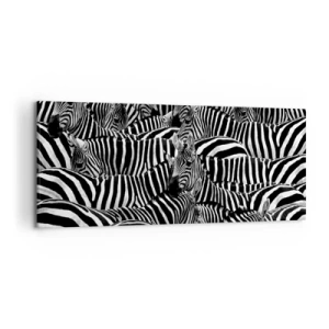 Cuadro sobre lienzo - Impresión de Imagen - Un grupo de cebras con rayas blancas y negras que crean un patrón de simetría. - 120x50cm - Retrato a rayas - Decoración de pared moderna para salón y dormitorio ARTTOR
