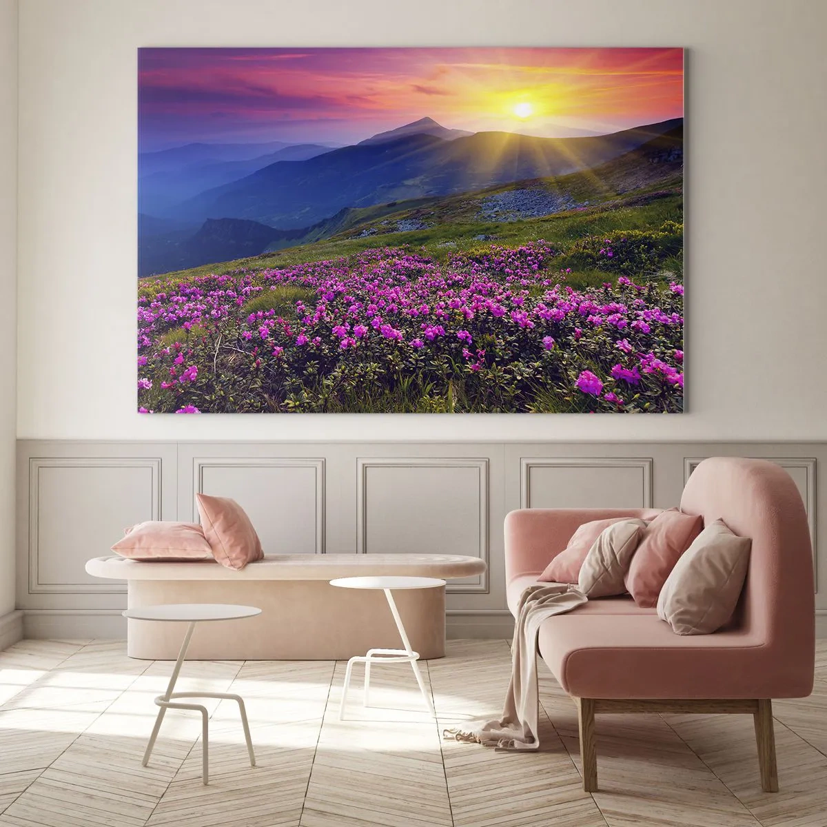 Cuadro sobre vidrio - Impresiones sobre Vidrio - Prados de flores en las montañas al amanecer - 70x50cm - ... Y el aroma a hierbas está por todas partes - Decoración de pared moderna para salón y dormitorio ARTTOR