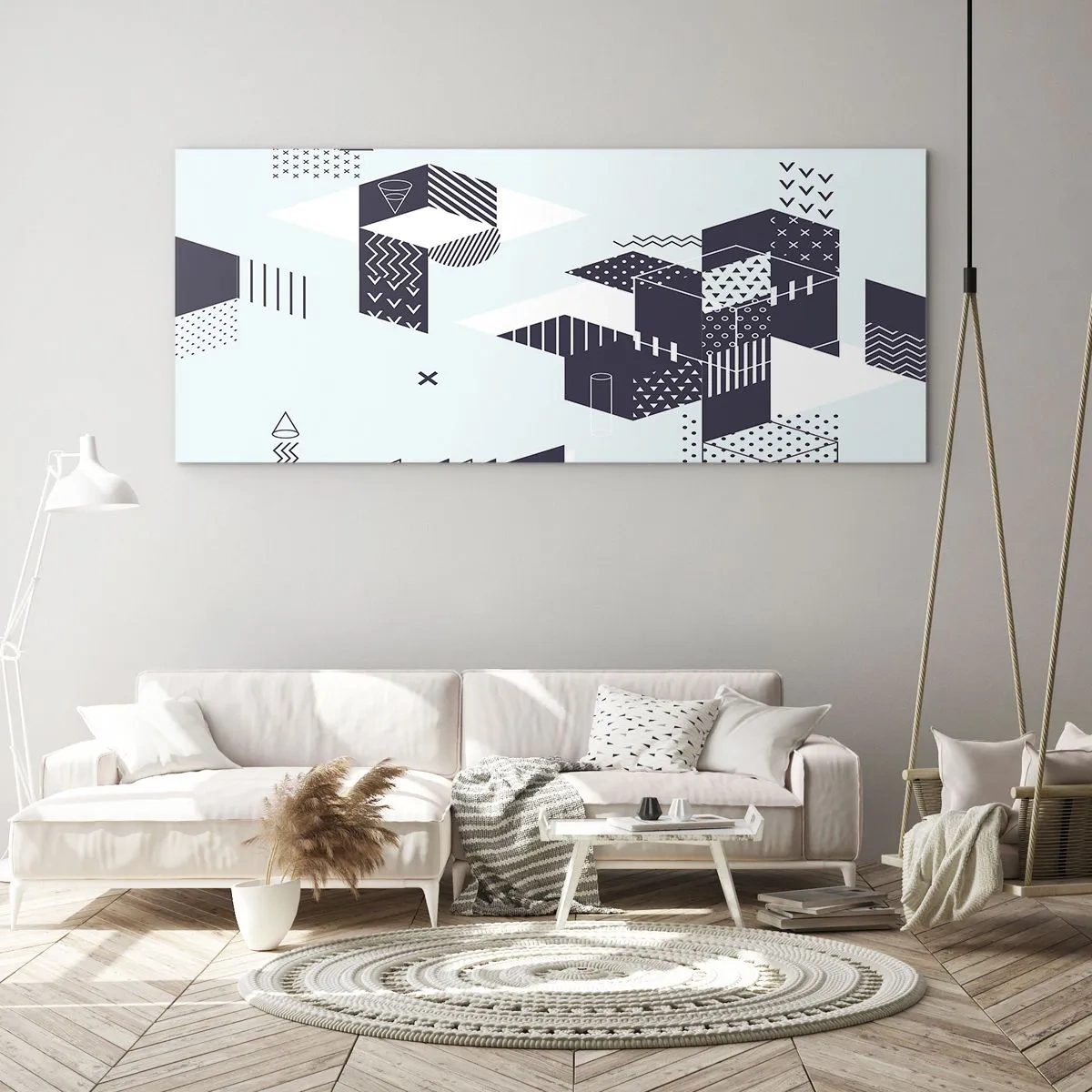 Cuadro sobre vidrio - Impresiones sobre Vidrio - Gráficos geométricos modernos en tonos blanco y azul marino. - 140x50cm - Las matemáticas en el alma - Decoración de pared moderna para salón y dormitorio ARTTOR